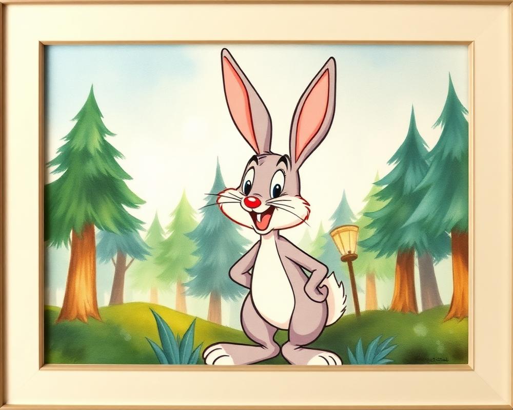 Animation cel of a cartoon rabbit in a forest