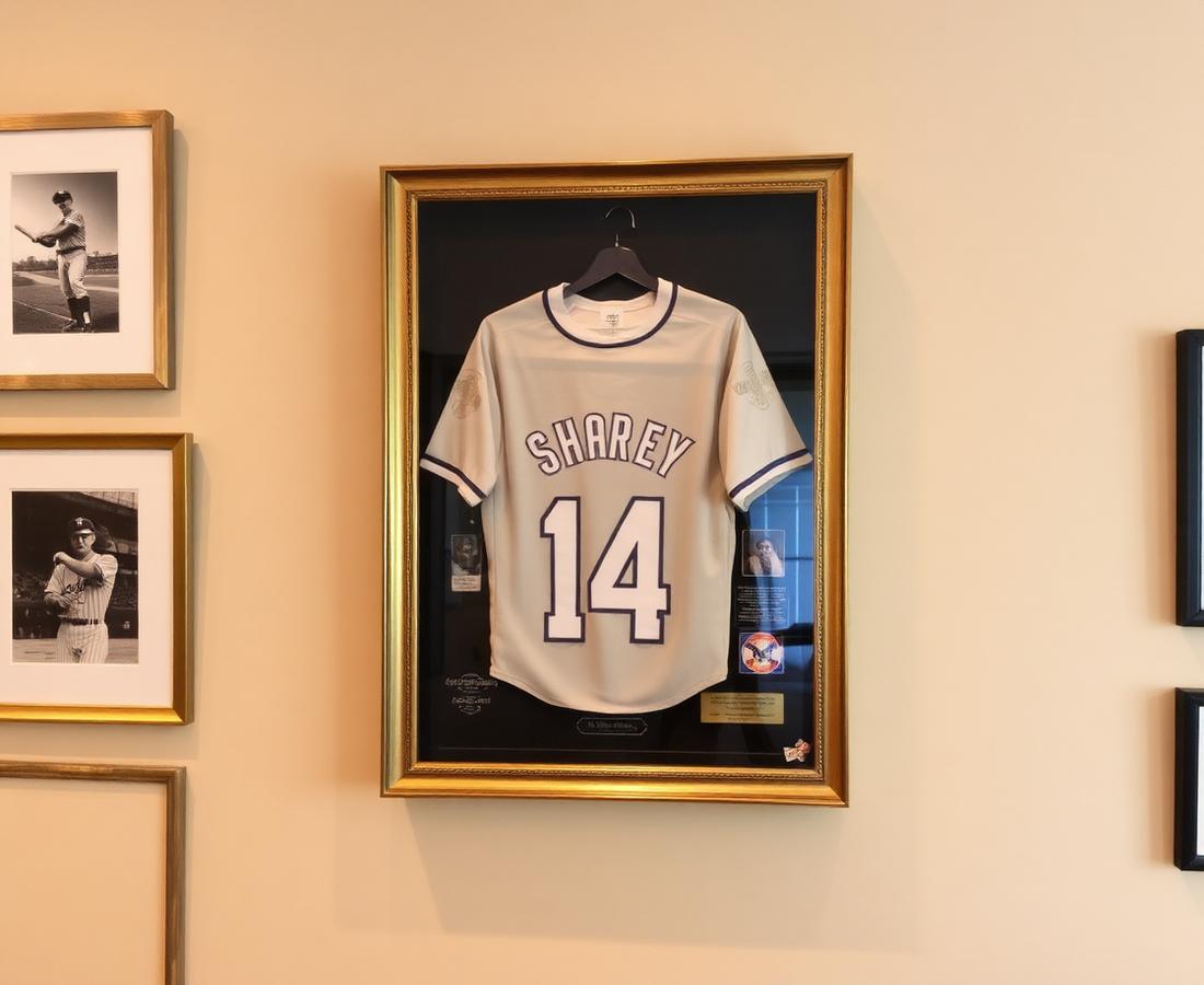 Shadow box with framed jersey and memorabilia