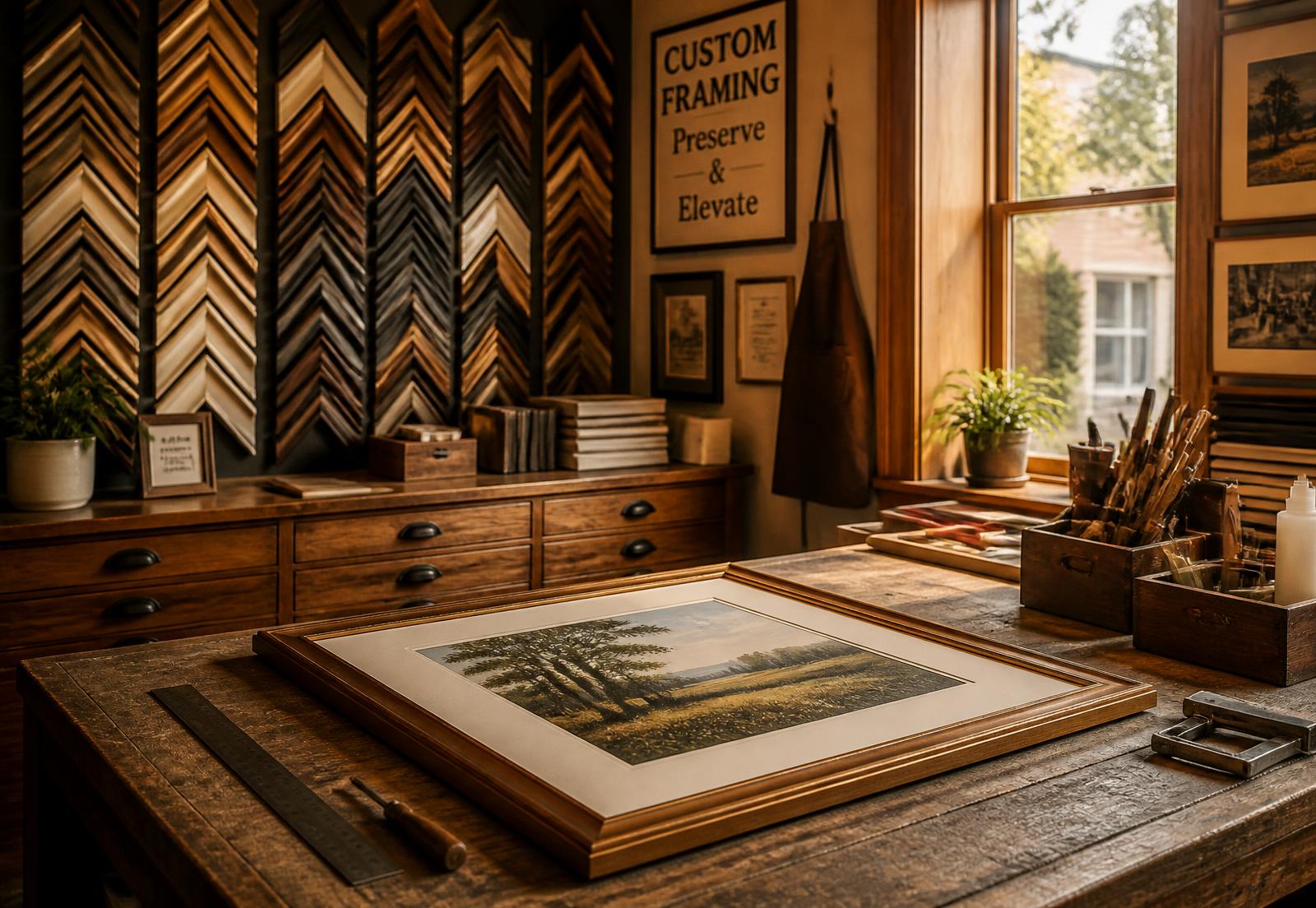 Inside the Art World framing workshop with moulding samples and a freshly framed piece